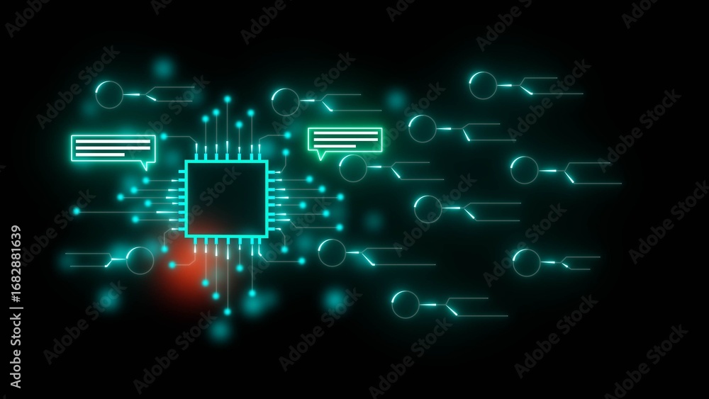 Poster glowing cyan microchip with data connections and chat bubbles on black background circuit technology