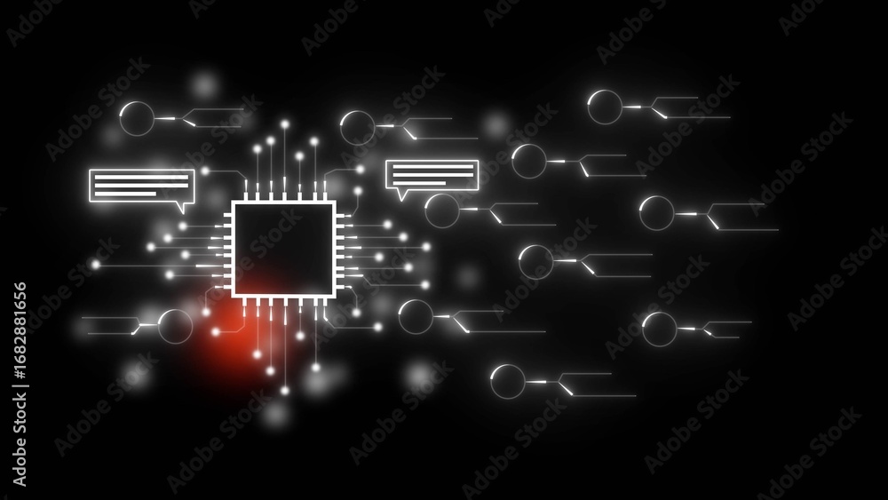 Poster glowing white microchip with data connections and chat bubbles on black background circuit technolog