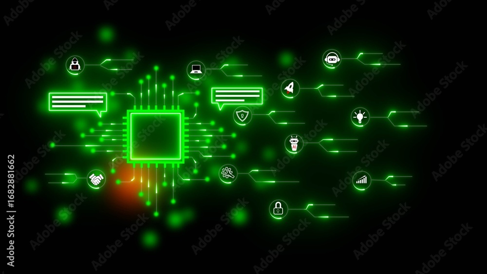 Poster central processor unit with digital network and technology icons in green neon glow chip circuit