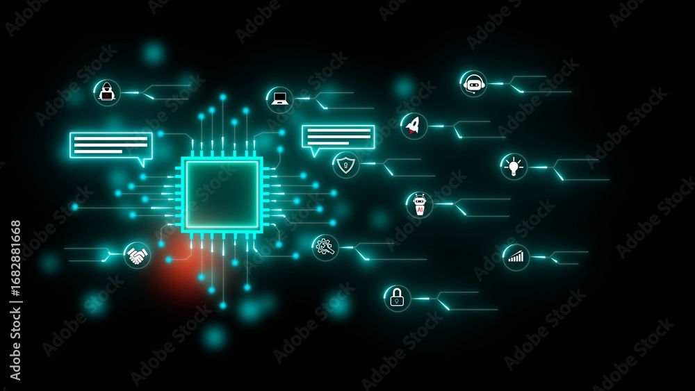 Poster central processor unit with digital network and technology icons in teal neon glow chip circuit