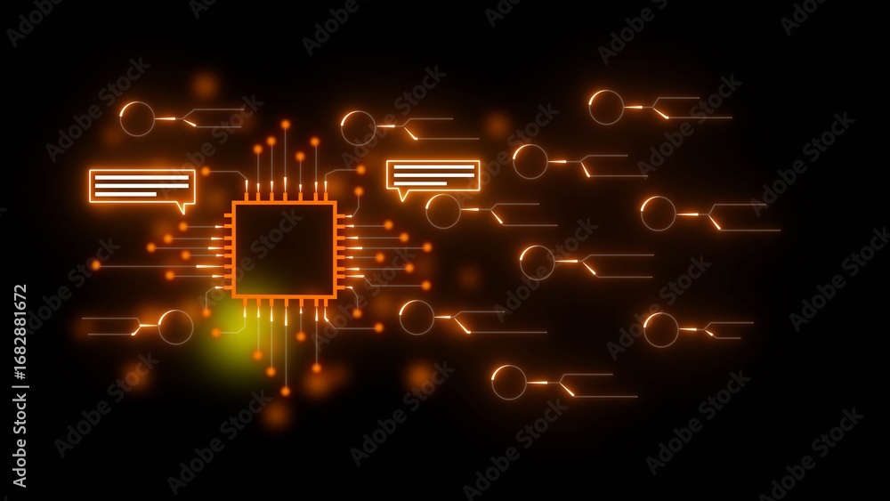 Poster glowing orange microchip with data connections and chat bubbles on black background circuit technolo