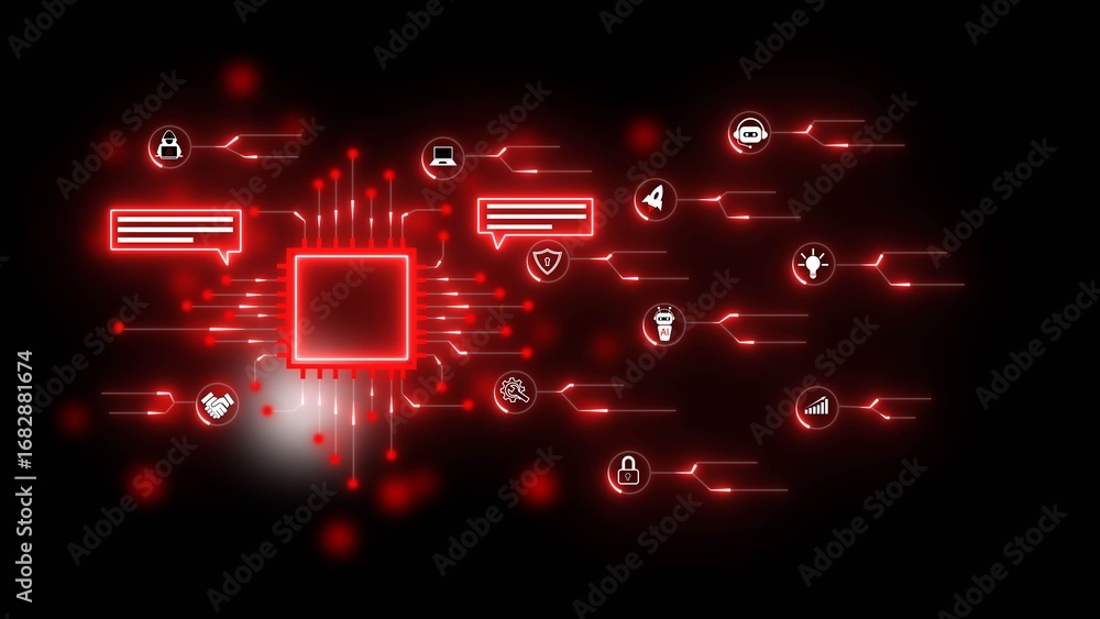 Poster central processor unit with digital network and technology icons in red neon glow chip circuit