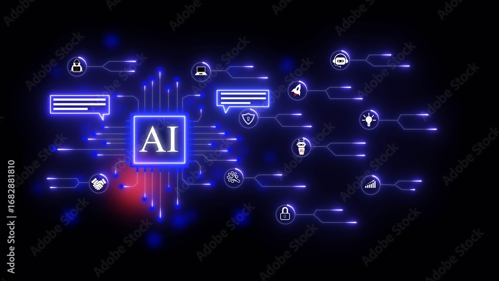 Poster ai agents network with glowing blue neon circuits and icons on black background artificial intellige