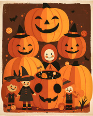 Halloween magic scene with children trick or treating and jack o lanterns