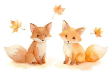Watercolor Baby Fox Sitting with Autumn Leaves