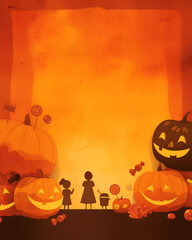 Autumn Halloween night featuring child silhouettes and glowing pumpkin collection