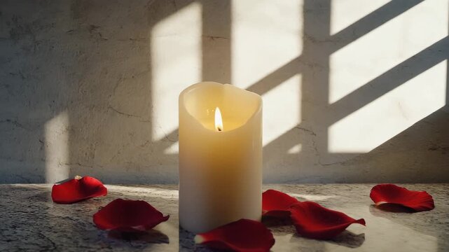 Burning white candle with red rose petals and window shadows