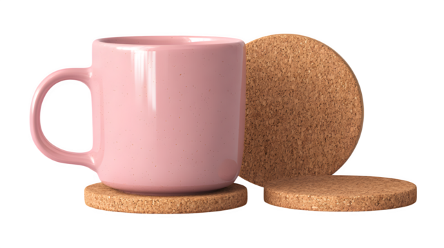 Pink Mug and Cork Coasters, isolated on transparent background - Powered by Adobe