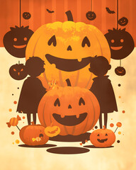 Halloween festival background with children and carved pumpkin decorations design