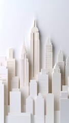 Minimalist papercraft skyline with iconic skyscraper silhouettes set against a bright white backdrop, creating a serene, architectural scene