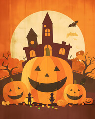Halloween night scene featuring children and illuminated jack o lantern pumpkins