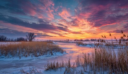 Fototapeta premium Winter sunrise over a frozen river. Sunrise paints a vibrant sky with warm colors over a frozen river in a snowy landscape. Frozen reeds and snow-covered ground border the ice