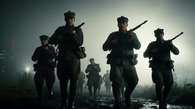 A platoon of historical soldiers marching with rifles on a foggy night with a city skyline behind them