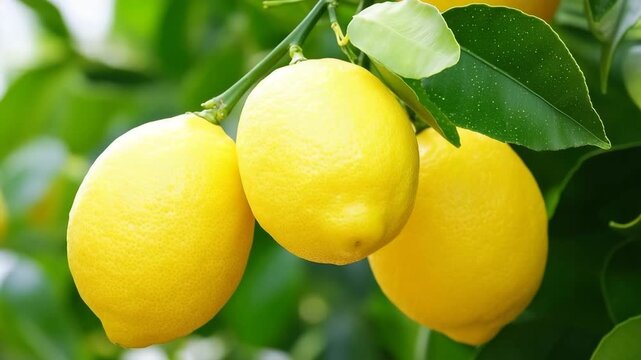 Fresh lemons hang on tree branch in bright sunlight