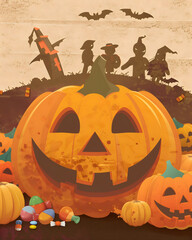 Halloween trick or treat scene with children silhouettes and glowing pumpkins