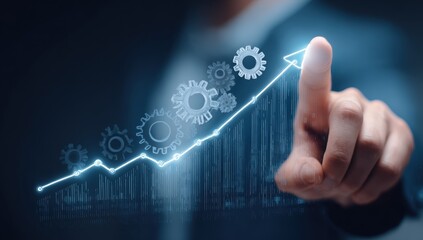 Business growth, hand pointing at a rising graph with gears
