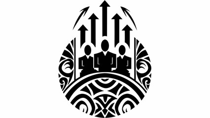 Fototapeta premium Black and white illustration of three people with arrows in a decorative circle design element silhouette