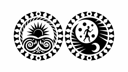 Stylized emblem depicting a figure under a sun with mountains and stars within an ornate circle border silhouette