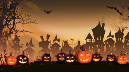 Halloween night adventure background with kids and illuminated pumpkin decorations