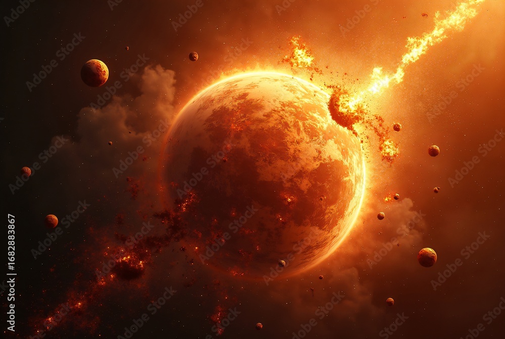 Wall mural Planet Breaking Apart in Fiery Explosion Debris Floating in Space