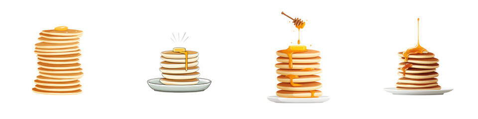 Delicious stack of pancakes with syrup, honey, and butter, showcasing an appetizing breakfast theme, perfect for food blogs, menus, or culinary art