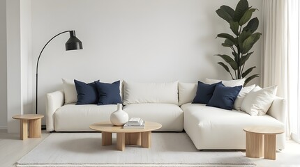Serene modern living room featuring plush white sectional, navy pillows, and minimalist decor.