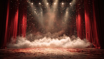 Stage performance with red curtains and confetti