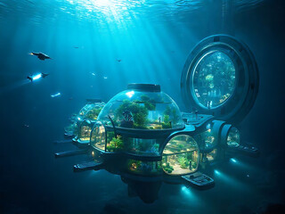 underwater research base with dome habitats and deep-sea submersibles