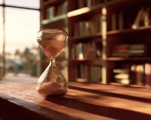 Hourglass on a wooden table in a sunlit library