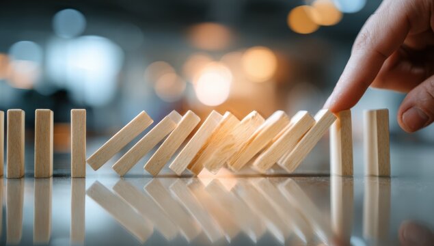 A hand pushing a domino, causing a chain reaction