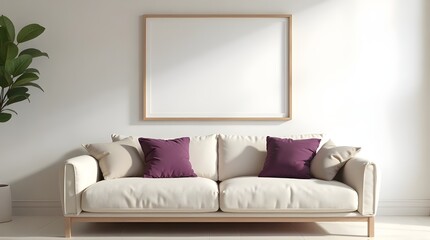Modern minimalist living room featuring a plush cream sofa with accent pillows and a blank framed wall art