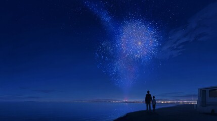 A breathtaking night sky with vibrant fireworks illuminating the horizon. Two figures stand by the water, captivated by the stunning display. A dreamy atmosphere invites reflection and wonder. AI