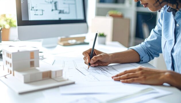 Woman drawing architectural plans at a desk, with a computer showing designs and a miniature building model beside her