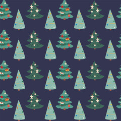 Fototapeta premium A festive seamless pattern with various decorated Christmas trees on a dark background. This winter holiday design is perfect for wrapping paper, fabric, greeting cards, and other seasonal projects.