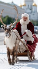 Santa Claus enjoys a festive ride through a snowy city with a cheerful reindeer pulling a sleigh on a bright winter day