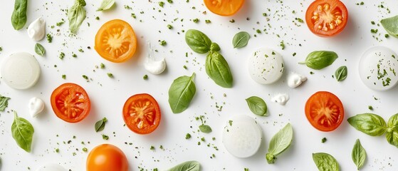 Fresh cherry tomatoes, mozzarella balls, basil leaves, and garlic slices artfully arranged with herb sprinkles, reflecting a delicate culinary composition.