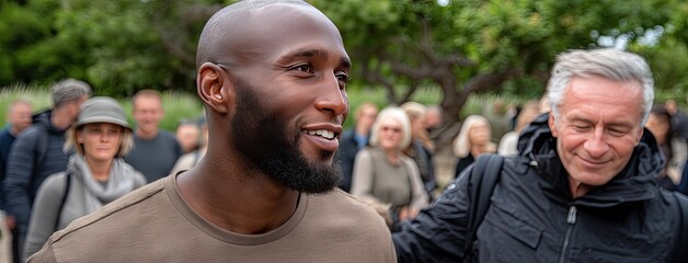 Smiling man surrounded by a crowd in a park during a sunny day engaging in lively conversation with others