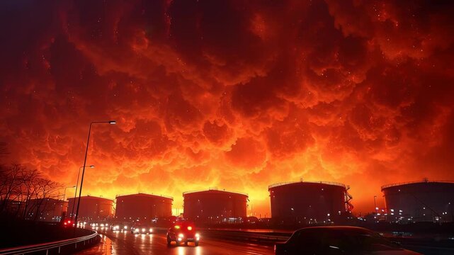 Dramatic Urban Sunset with Traffic and Fiery Sky Over Cityscape