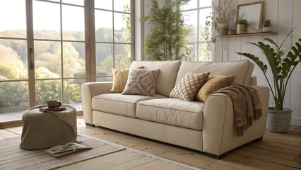 Bright living room interior with comfortable sofa and scenic nature view