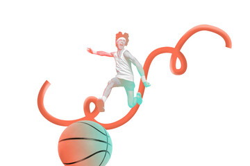Art sketch 3d image banner collage of happy sportsman basketball player push ball match winner team...
