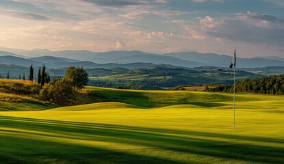 Obraz premium Golden golf course at sunset