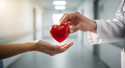 A doctor hands a heart-shaped symbol to a patient, representing care, empathy, and health support.