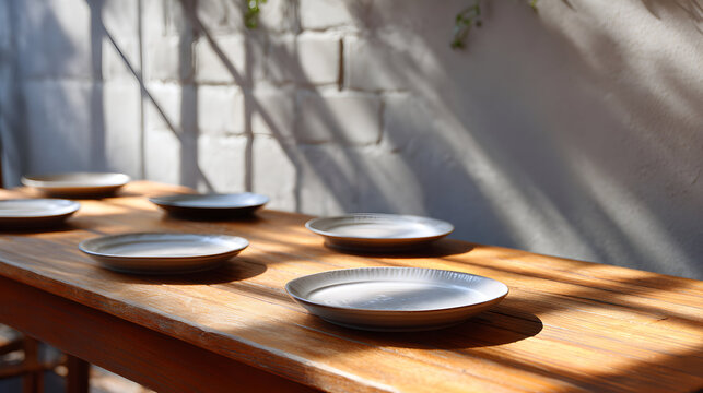 Set of ceramic plates arranged on a wooden table, with soft shadows cast by sunlight filtering through nearby foliage, creating a serene dining atmosphere - Powered by Adobe