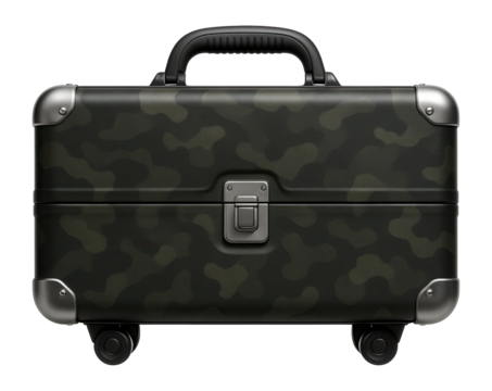 Hardshell suitcase with a camouflage print for adventurous expeditions.