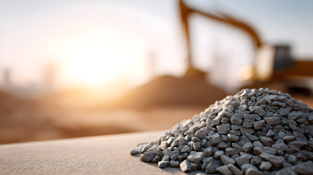 Pile of gravel on construction site with blurred heavy machinery in background, showcasing industrial materials and equipment in a vibrant outdoor setting