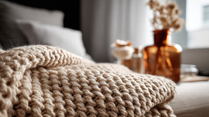 Embrace the cozy winter vibe with a warm blanket and holiday decorations.