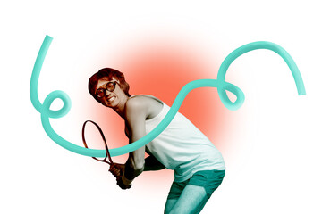 Exclusive 3d pop poster art collage of serious man geek tennis player push ball ping pong activity...