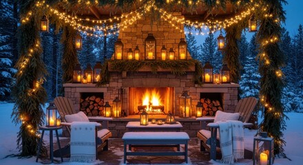 Fototapeta premium Cozy Winter Outdoor Fireplace Scene Illuminated by Lanterns and Lights