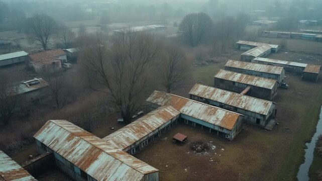 Old manufacture from above. Abandoned industrial territory with old buildings and warehouses. Empty factory. Orbital view.. Vertical