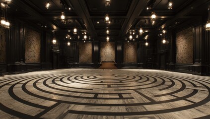 Dark, opulent hall with intricate maze floor